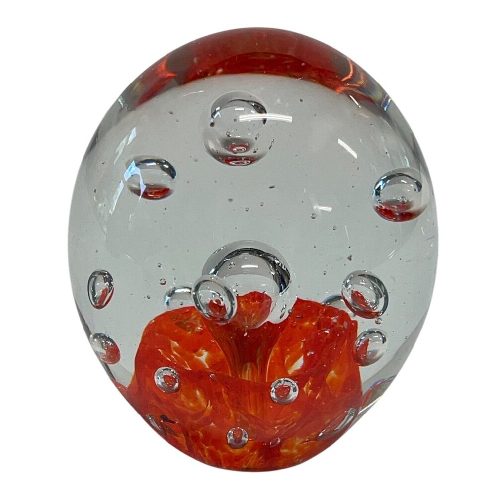 Handcrafted Clear Orange Glass‎ Paperweight Art Piece Bubbles 3” Sphere